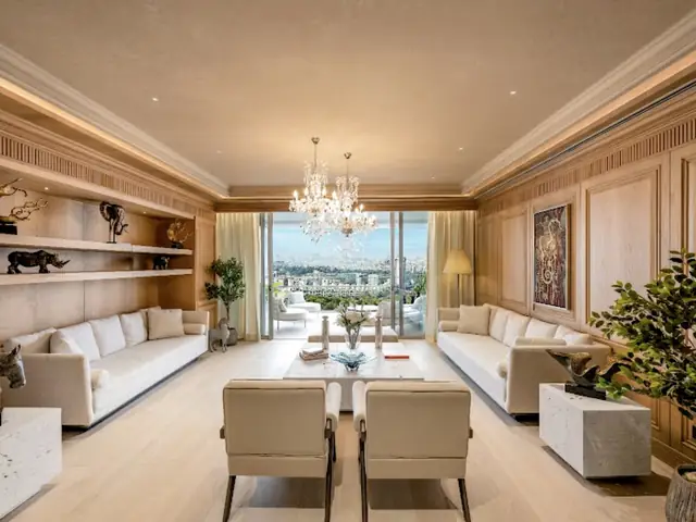 Lodha Massimo Baner — wood-panelled living room with terrace